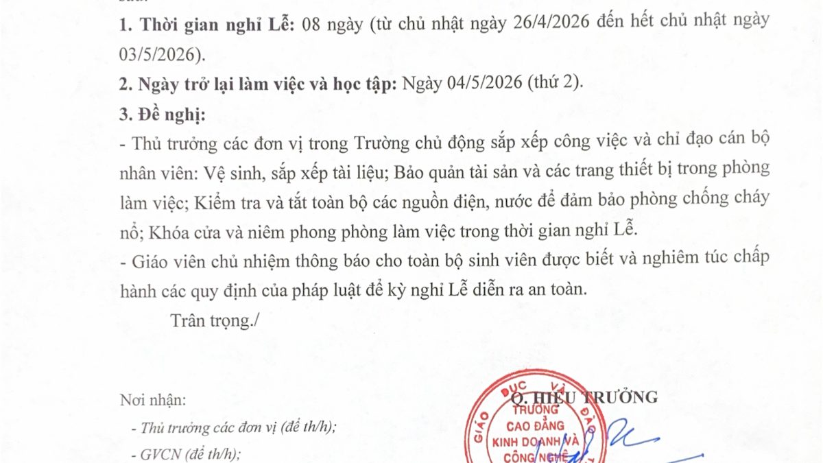 TB NGHỈ LỄ GIỖ TỔ HÙNG VƯƠNG, 30/4 VÀ 1/5