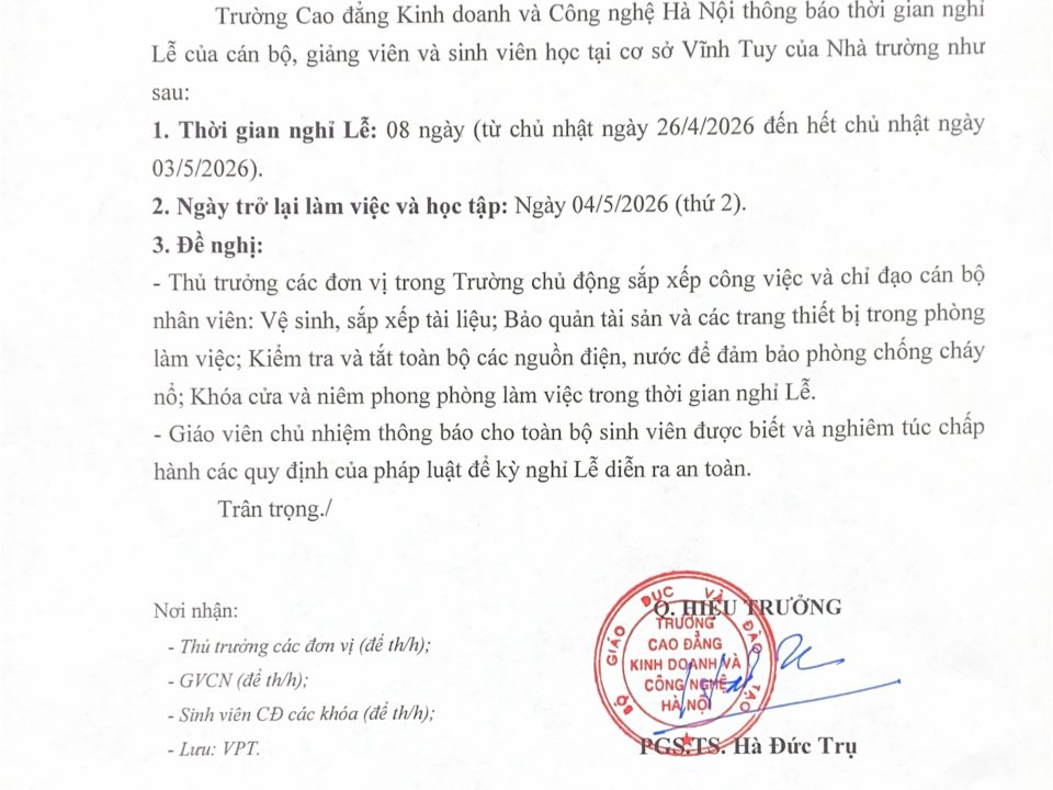 TB NGHỈ LỄ GIỖ TỔ HÙNG VƯƠNG, 30/4 VÀ 1/5